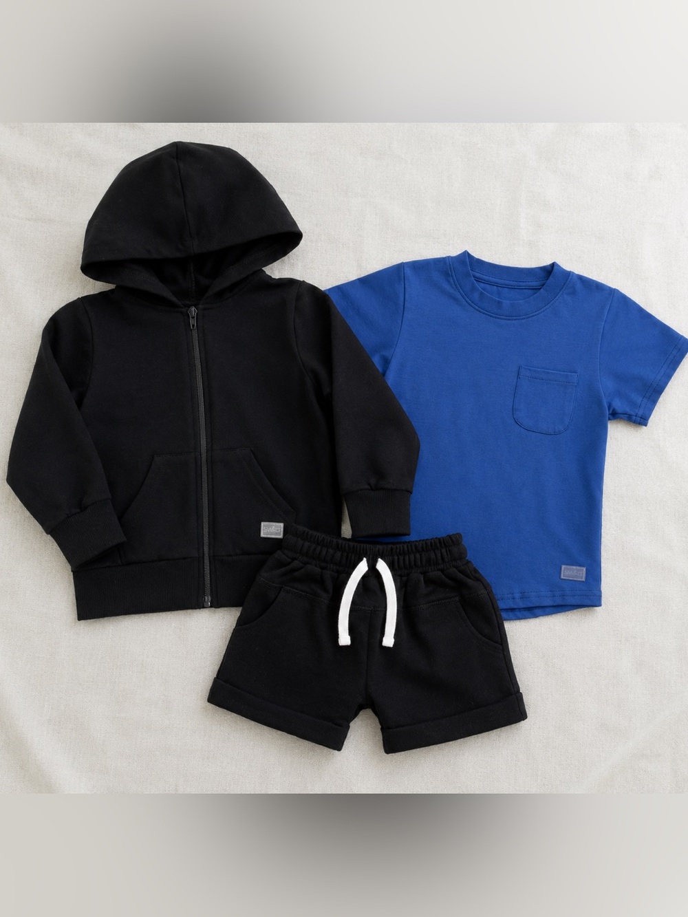 Swizz the Label: Kids 3-Piece Set — Black Hoodie & Shorts with Royal Blue Tee